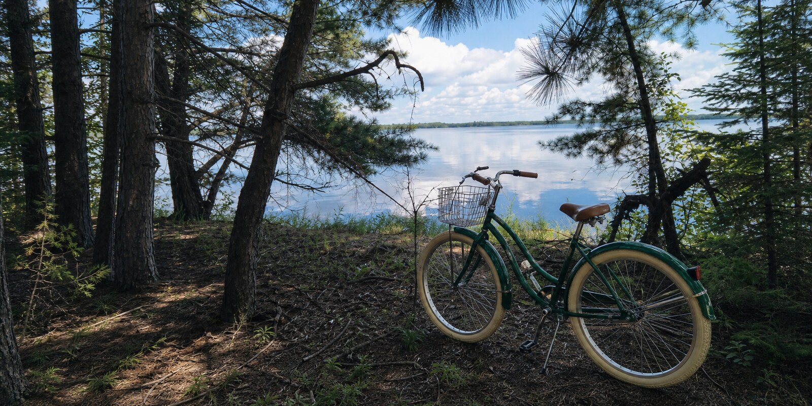 A green cruiser bike with basket parked at a pine-framed lake overlook