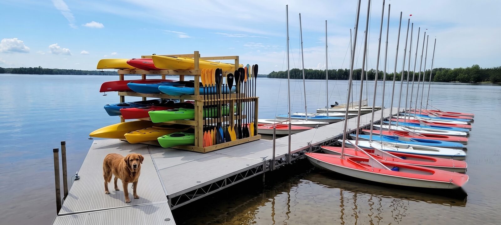 Boats waiting along the main dock in flat-calm morning water