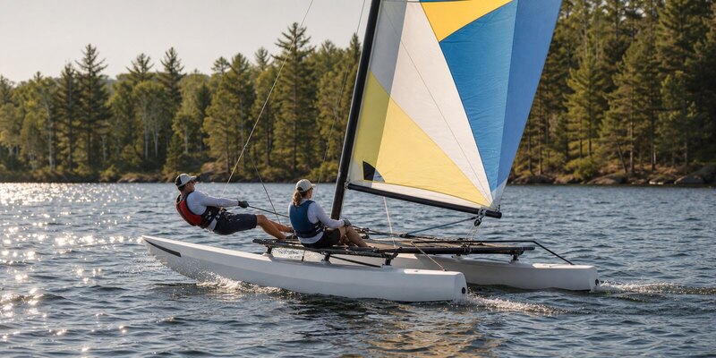 Two sailors hiking on a Hobie 16 with the pine shoreline behind them