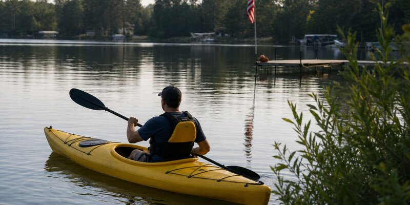 A paddler heading onto the lake in a yellow single recreational kayak