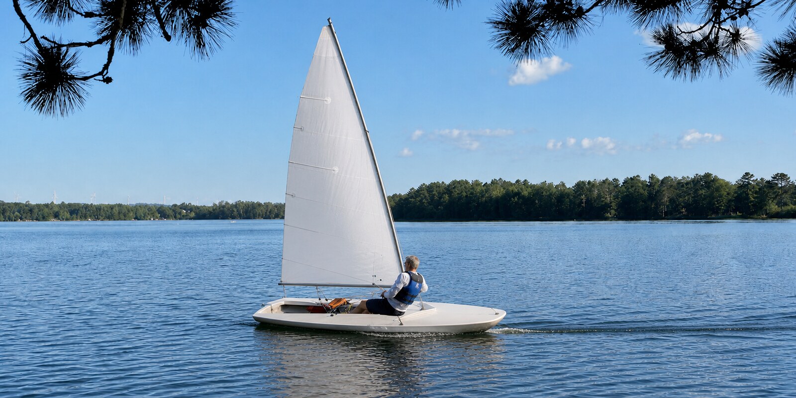 A single sailor hiking an MC Scow with its single mast and mainsail across the lake